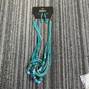 Mixit blue and silver layered beaded necklace and earring set